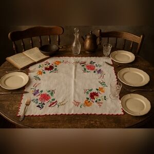 Vintage Hungarian Embroidered Table Centerpiece — Floral Folk Art Linen